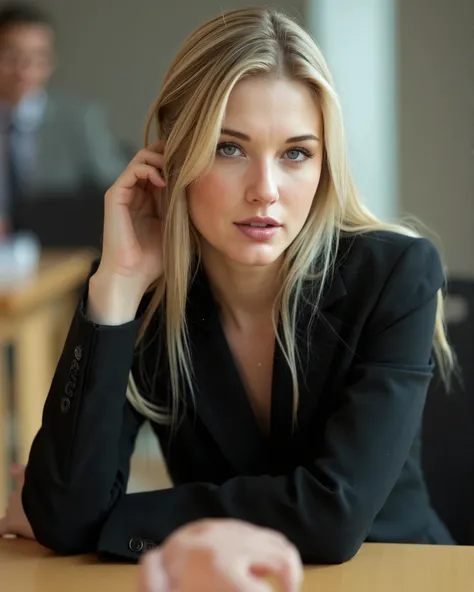 blonde light blue eye,, Alone, Aesthetic artwork , Defined tabby legs, , very pale skin ,, detailed skin, shy smile, sitting at the table , in office building, (extremely detailed), soft lighting, high quality, high detail,( natural light), women's wor...