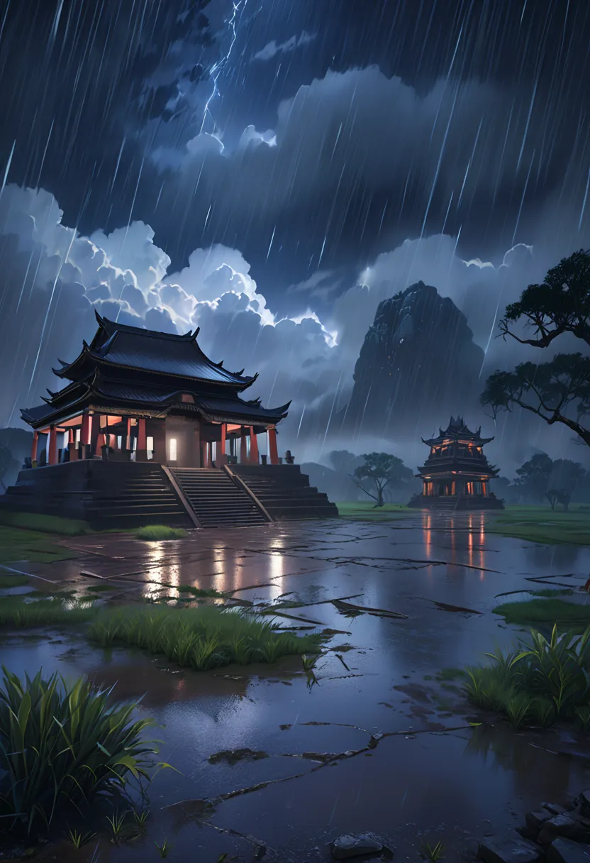 (best quality, masterpiece),( dark sky, Heavy Rain, ruined temple, Stagnant water at a low water level, ),  realistic background, 2112, light*_black_ particle,