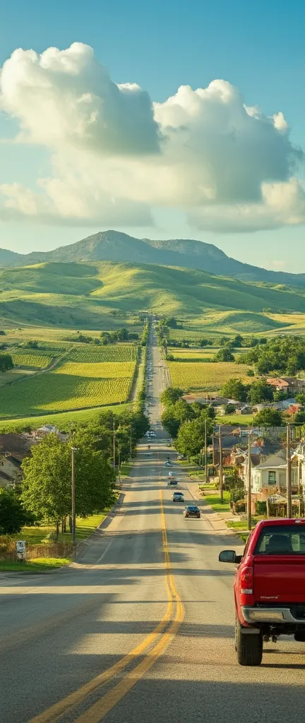 high resolution images、Fort Worth, Texas、 Country-like Street Scenery、Homes and Everyday Life、Imagine the urban scenery in detail、Run with a Red Pickup、From the viewpoint of a train、You can see the undulating vineyard area from the street setting。