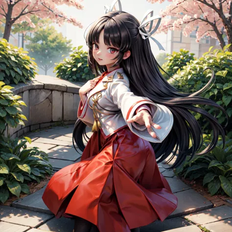 hiyouKC,black hairs, long sleeves,white jacket,long hair,hakama skirt,hair ribbon, red skirt, hakama skirt, white ribbon, hime cut, magatama,