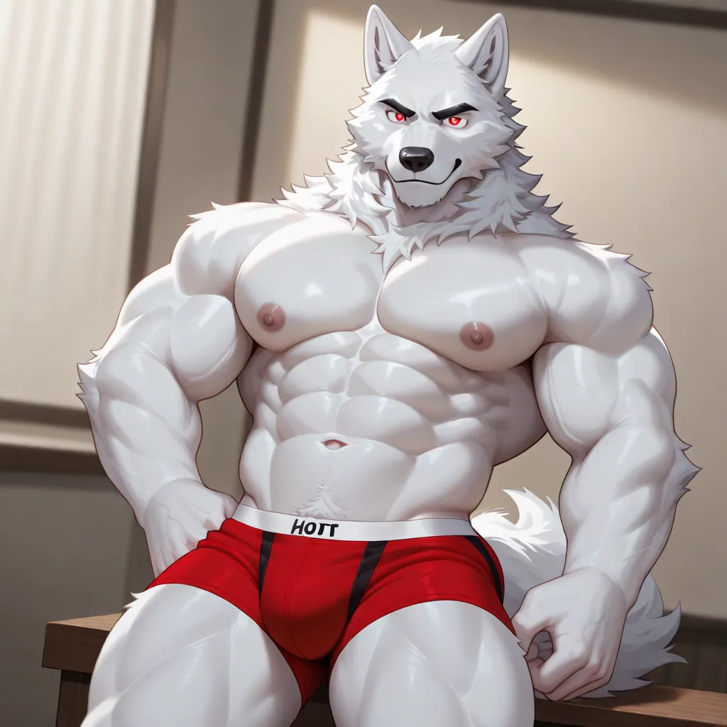  male white wolf ,  hot red eyes, muscular body, wearing red boxer briefs.