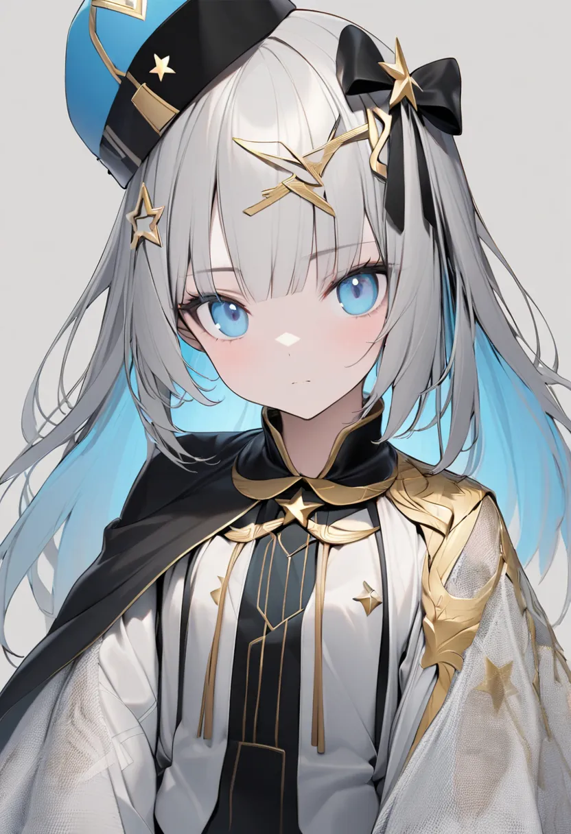 girl around her neck, neutral face, 10th Generation, flat chest, The hairstyle is asymmetrical, bob hair, Gray Hair, light blue mesh, inner color,  zitoida, The right eye is golden, The left eye is blue, turns her gaze,  star shaped hair accessory,  hat si...