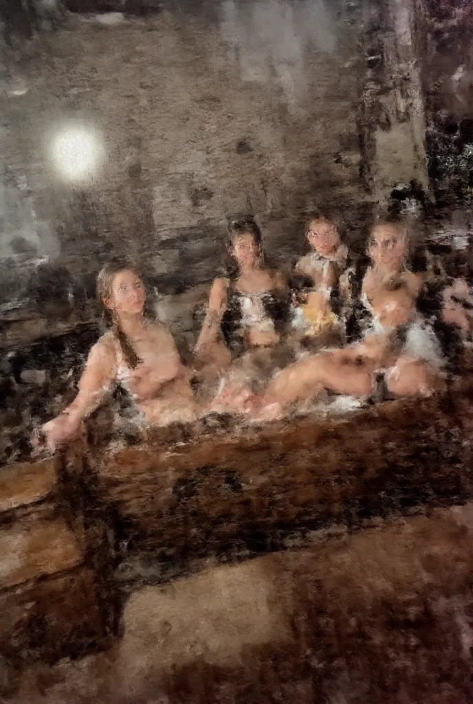 A spacious medieval stone chamber is lit by flickering candles and torches. In the center of the room is a large wooden tub filled with hot water, with steam rising gently from it. Five female mercenaries lounge in the bath, chatting and laughing among the...