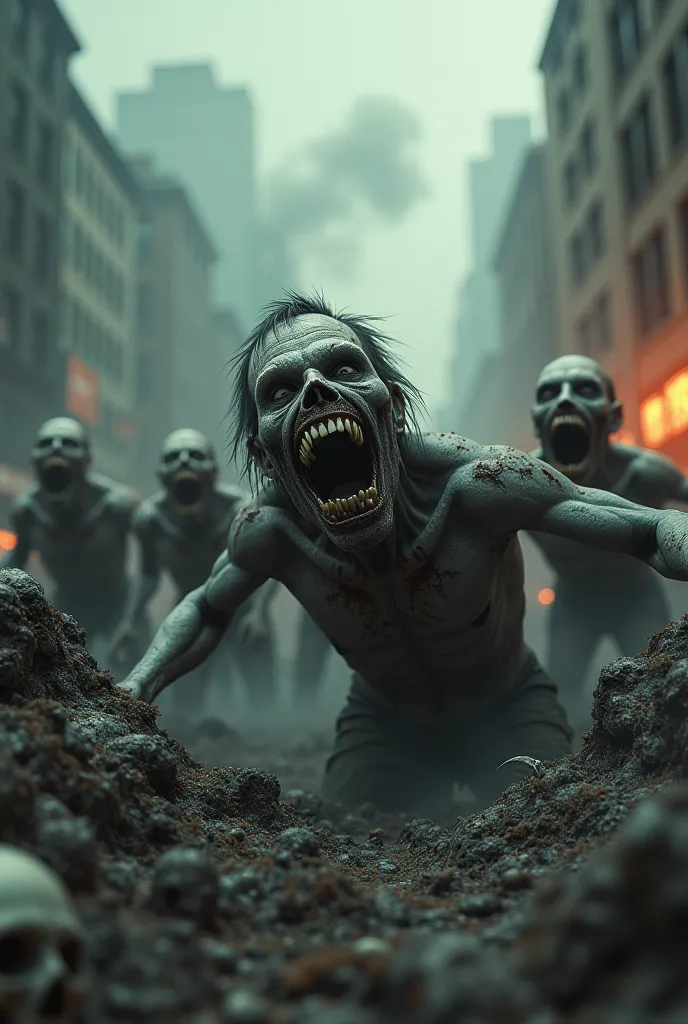 zombies come running with an evil face in the foreground and in a post-apocalypse city with half-destroyed buildings, cars with fire and skulls on the ground