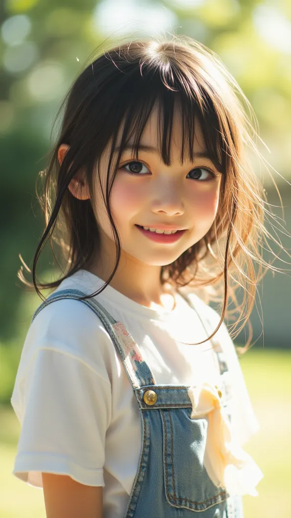  Cute schoolgirl smiles at viewers　hair blown in the wind　