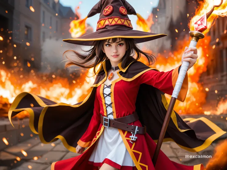 A highly detailed, ultra-realistic cinematic portrait of Megumin from Konosuba, casting her signature explosion spell in a dramatic battle pose. She wears her dark red wizard robe with golden trims, black cape with orange lining flowing behind her, and lar...