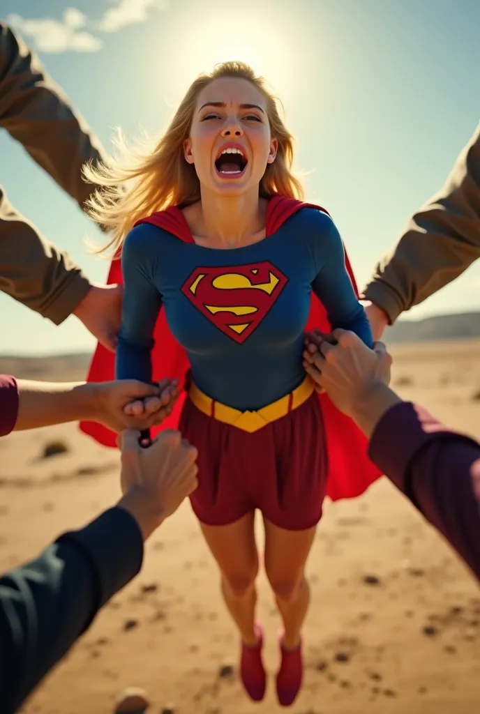 Cinematic Photorealism,   Supergirl, in shock and pain, with blonde hair, a blue top with a red and yellow S emblem and a perky fit physique, is grabbed from behind in the air by two giant hands while she is trying to fly away in the air