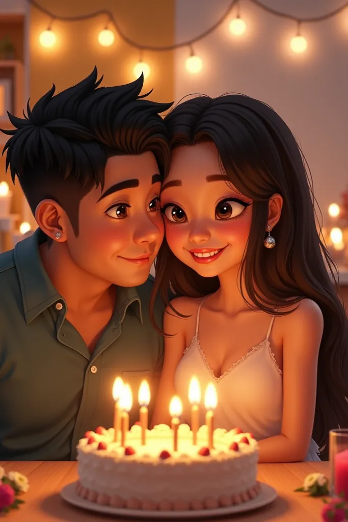 Draw me and my boyfriend to celebrate his birthday.
 I'm Brazilian , I have brown eyes and my fiancé says I have big eyes, my hair is long and brown, straight and have only very few ripples at the ends. I'm white
My fiancé is Korean, I have brown and almon...