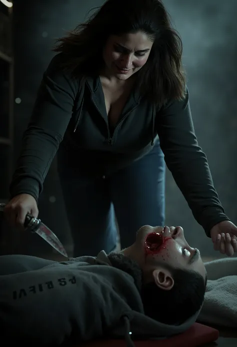 Realistic, A Very beautiful woman, woman very thick hair, boy hoodie, woman kill boy, woman very big breast, woman cuts boy neck, boy neck is flowing with blood, woman knife, boy dead, boy full face mask, woman swat, woman swat equipment
