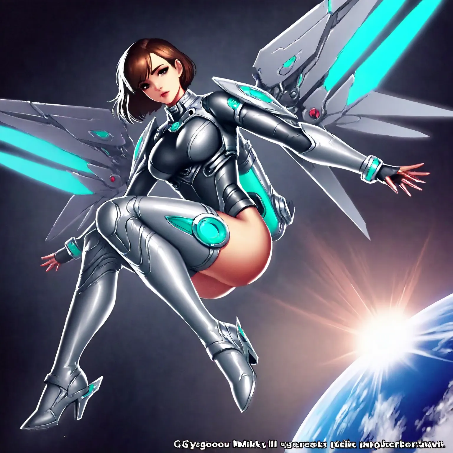  a gorgeous woman (cyborg warrior, SilverKitty, jet boots, jet pack, silver membrane under the arms connected to the wrists making wings), she hovers in space preparing for battle. Her trust hawk robot companion nearby. A planet is visible below them 