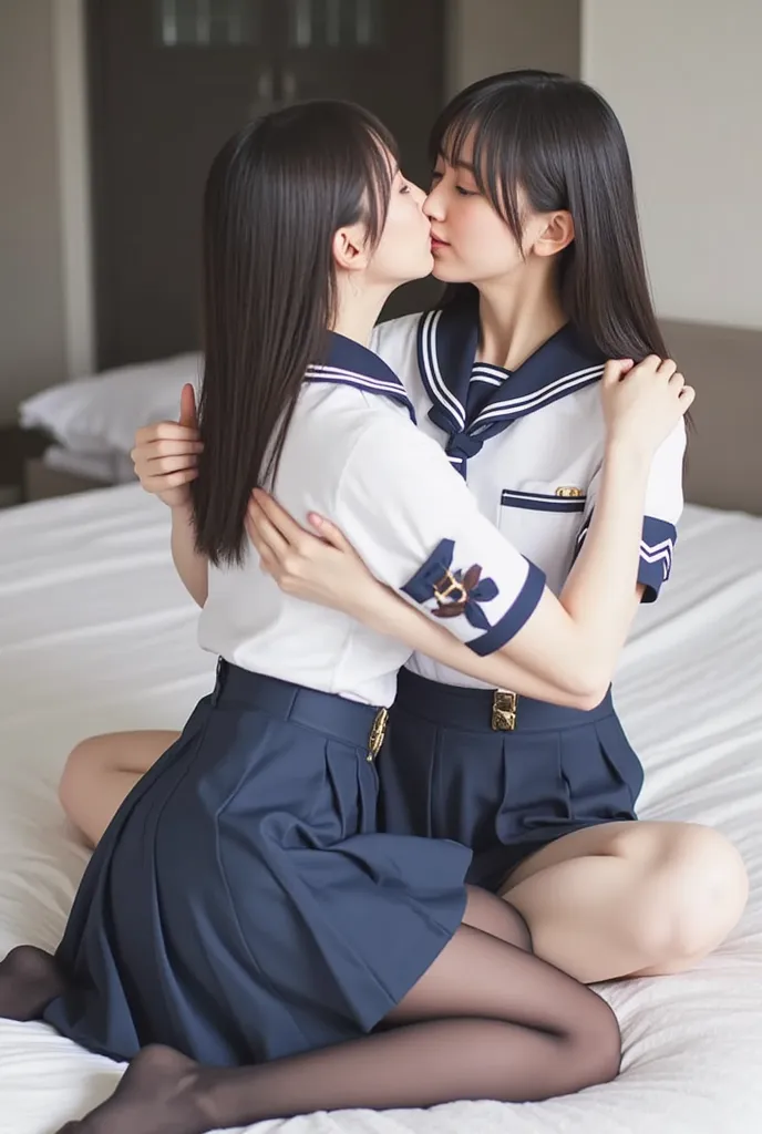 Two women in uniforms are hugging and kissing on a bed, one of the women is wearing black tights, her skirt is lifted up to reveal her underwear