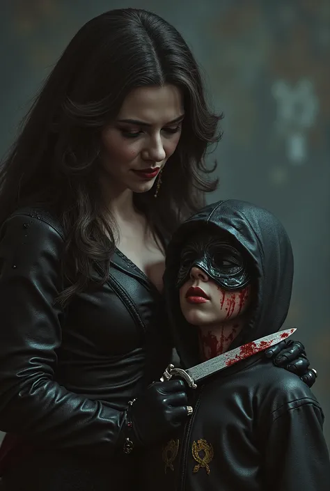 Realistic, A Very beautiful woman, woman very thick hair, boy hoodie, woman kill boy, woman very big breast, woman slaughters boy neck like a lamb, boy neck is flowing with blood, woman knife, boy dead, boy full face mask, woman black widow suit, boy hoodi...