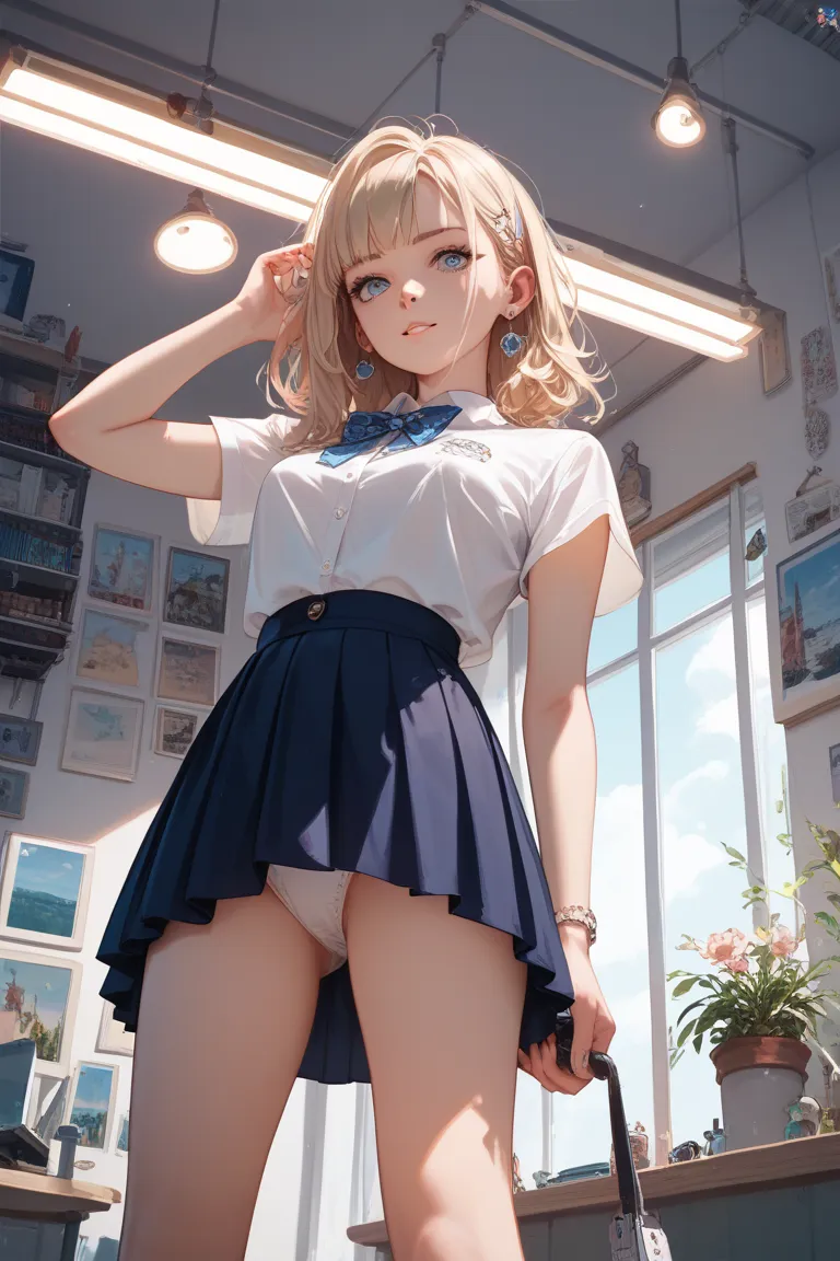 masterpiece, best quality, very aesthetic, absurdres, safe, From below:1.6 , closeup, stand, A young, slender woman with long, The white panties peek out from underneath,(up skirt:1.2,)