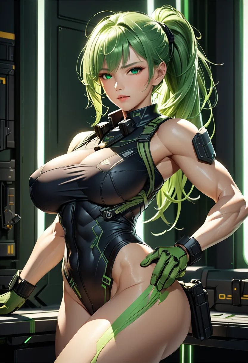 sexy pose, ((best quality)), ((extremely detailed face)), ((perfect lighting)), ((extremely detailed CG)), ((perfect hands, Perfect Anatomy)), green eyes;   Long green hair ,  often tied in a ponytail; sharp traces, , high, mature physique, nanotechnology ...