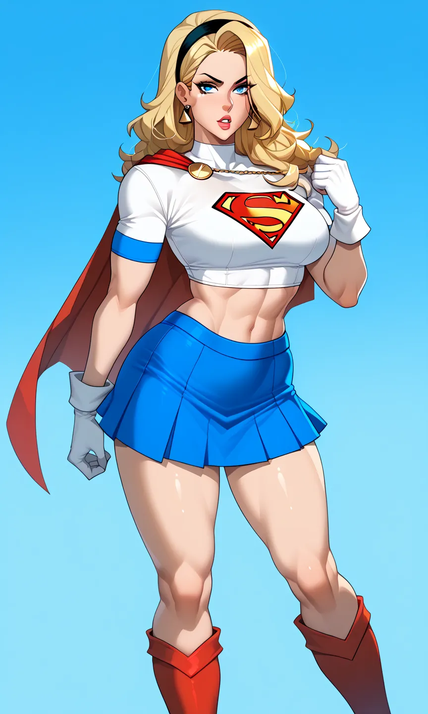 score_9, score_8_up, score_7_up, source_cartoon, BREAK 1girl, solo, Supergirl \(DC Animated Universe\), (long blonde hair:1.0), (black hairband:1.0), (white crop top, short sleeves:1.0), (short red cape:1.0), (short skirt, tight, blue, lycra:1.1), (white g...