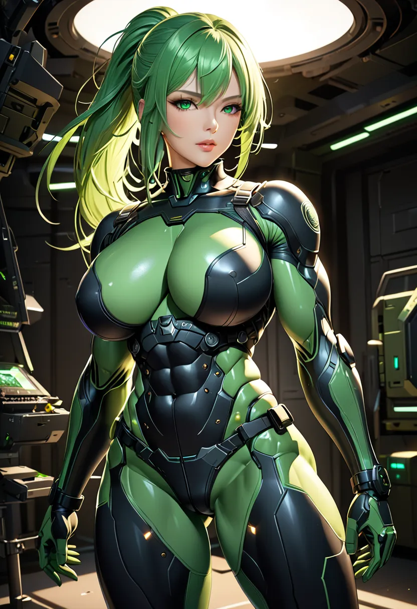 sexy pose, ((best quality)), ((extremely detailed face)), ((perfect lighting)), ((extremely detailed CG)), ((perfect hands, Perfect Anatomy)), green eyes;   Long green hair ,  often tied in a ponytail; sharp traces, , high, mature physique, nanotechnology ...