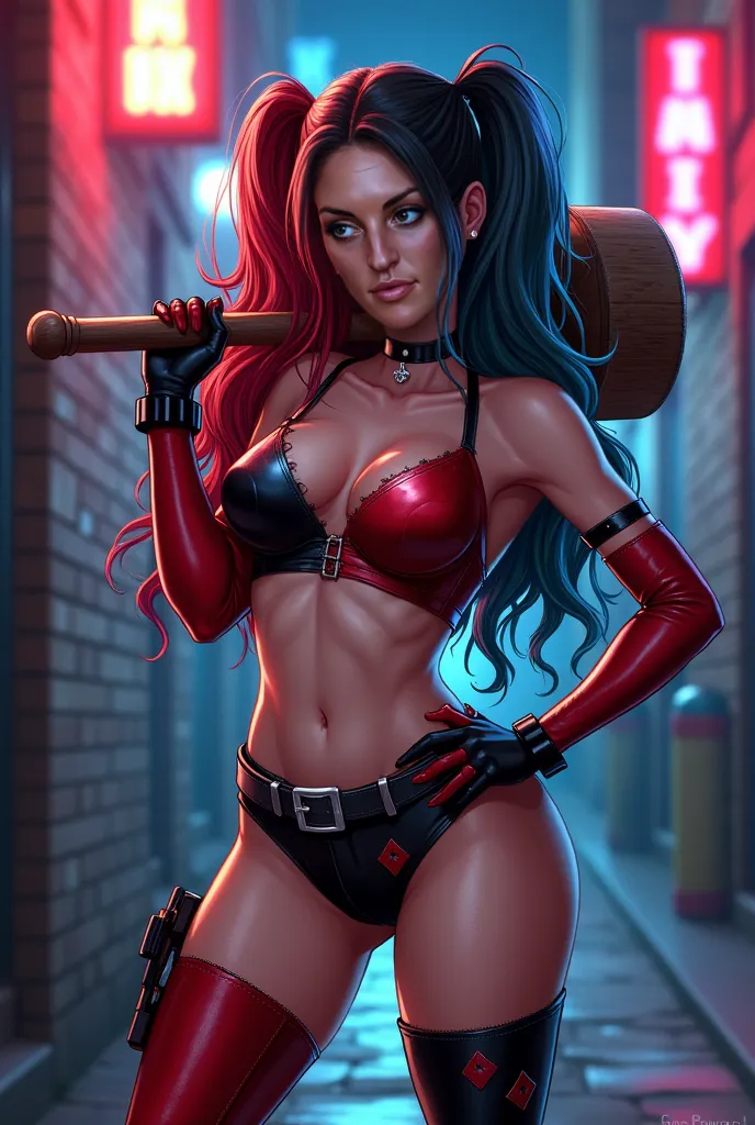 Highly detailed comic book illustration, full-body, ultra-stylized, semi-realistic, bold contrast lighting, playful yet dangerously seductive aura.

🖤❤️ Iconic Harley Quinn, long wavy half-red, half-black hair, striking blue eyes, pale porcelain skin, devi...