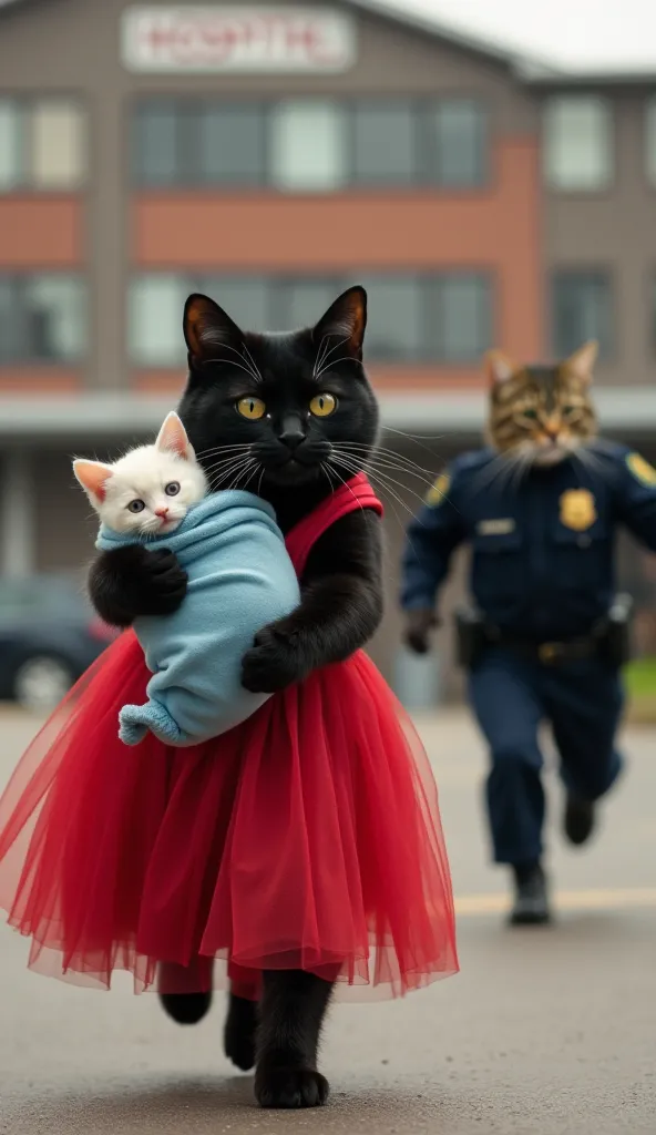 A black cat wearing an elegant red dress is holding a baby white cat wrapped in a simple blue swaddling blanket. The black cat has a worried expression on its face, appearing to be running away. In the background, another cat in a police uniform is running...