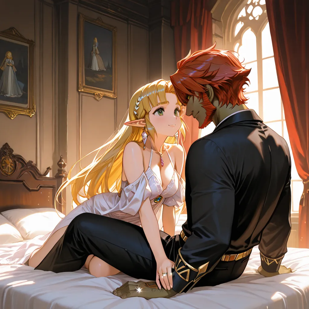 ((top quality)), ((masterpiece)), (details), （perfect face）、The blonde Princess Zelda is a married couple who gently smile and love each other when they sit on a luxurious bed in a room in an old castle, have deep kisses with her husband Ganondorf with lov...