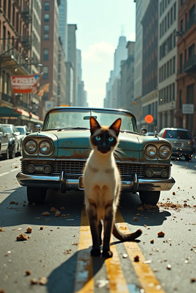 Old car crashing into a Siamese cat,  on the road