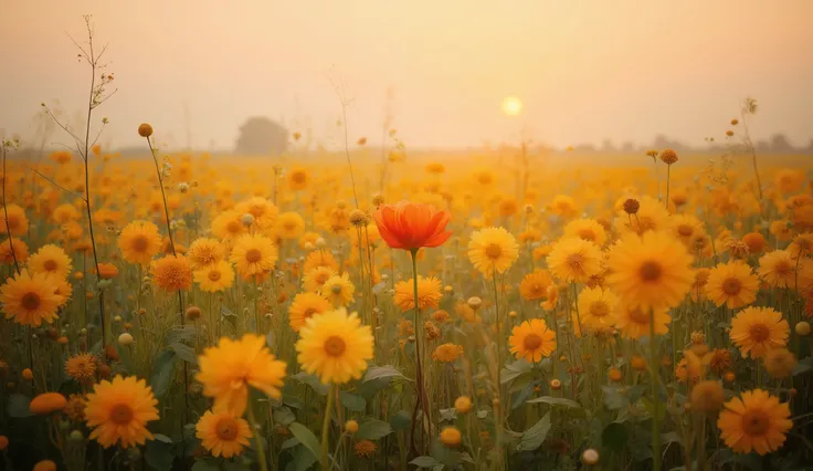 A sprawling field of golden yellow flowers under a pastel sunset sky, with a vivid red flower in the middle glowing brightly, the petals of all flowers gently illuminated as if radiating inner light, slight mist above the field adding softness, cinematic c...