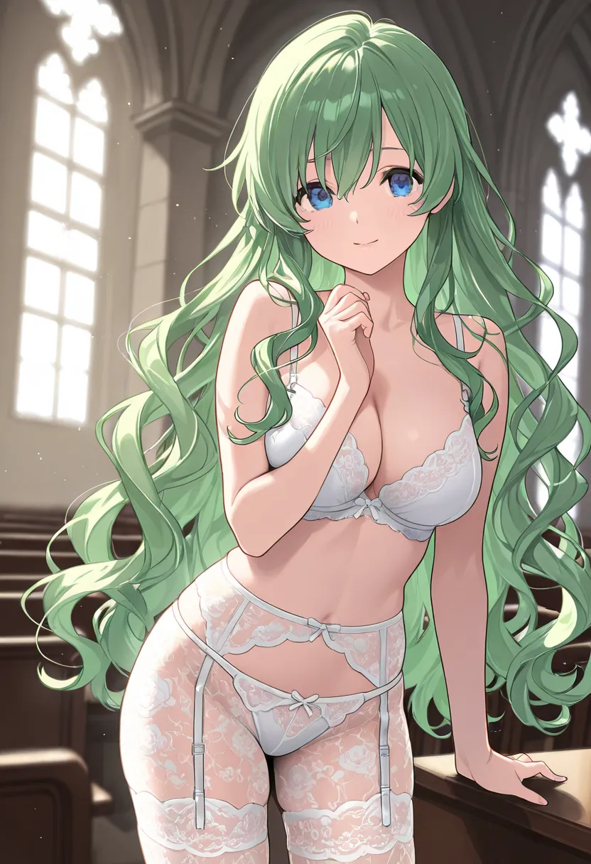 solo、sister、Green Hair、wavy hair、Blue Eyes、Lace tights、garter belt、church