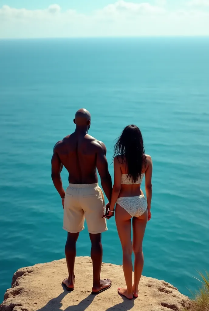 a couple, A muscular and bald black man and a white woman turning her back to the camera looking at a view of the sea