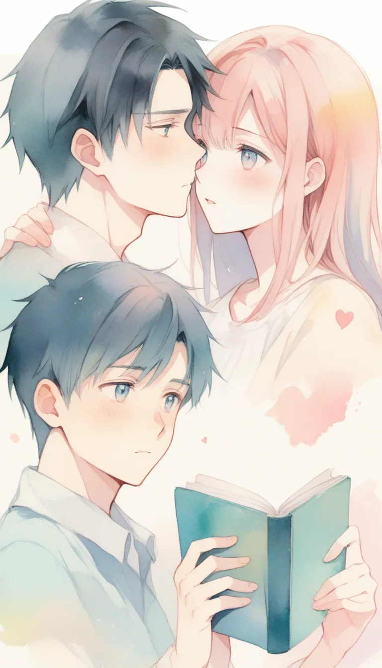 A poignant anime-style illustration in soft pastel colors with a watercolor finish. Show a close-up of both the 24-year-old woman and the 23-year-old man exchanging a tender, wordless gaze. In the background, an open book with delicate, handwritten notes o...