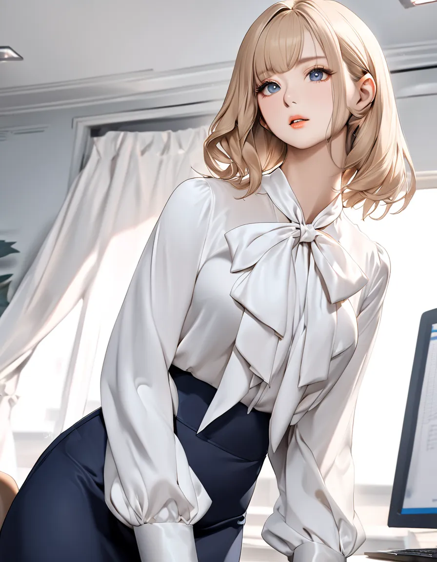 bow blouse, animetoreal, A photorealistic portrait, full-body shot, Anatomically correct, A beautiful Japanese women standing at a slight angle facing the camera, blonde semi long hair, High-resolution, detailed, sharp focus, crisp lines, defined edges, cl...