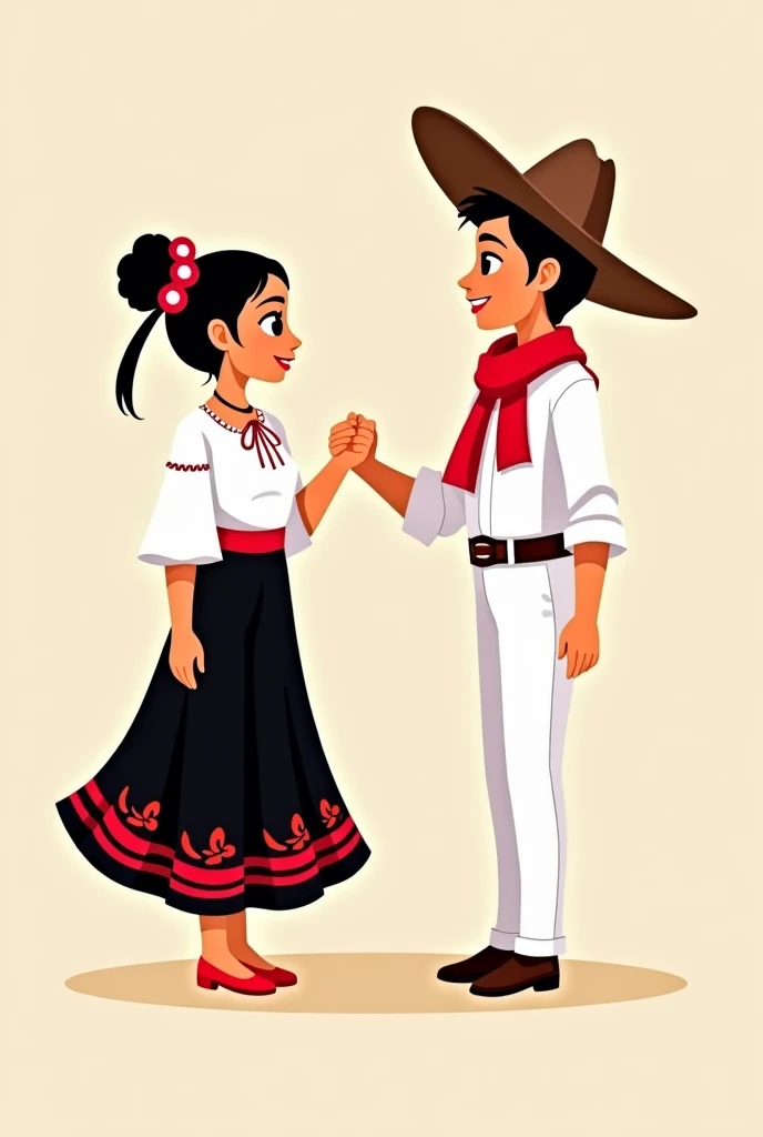 Animation cartoon characters
It's for my folk dance group.: 
A  girl in a black skirt with red olán, white blouse with olán, and dance shoes tied up my hair. 
: white pants white shirt Sinaloa hat and red scarf around the neck and dance shoes booties 