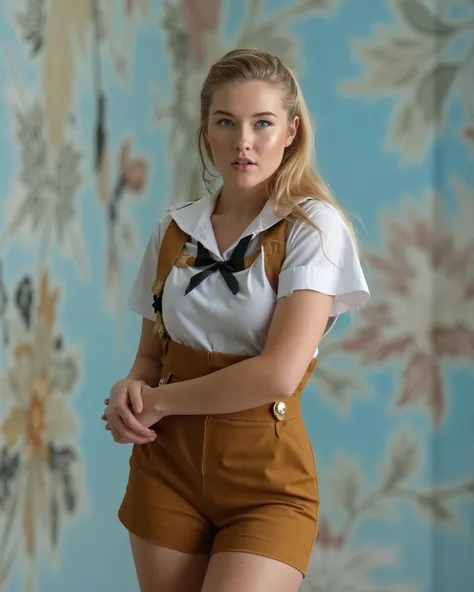 blonde light blue eye, glamorous photography , (full body), (in a schoolgirl uniform), luxurious colors,beautifully beautiful blonde, ( half open mouth ), (supersexy), bright natural lighting, bright colors, very high resolution digital image, highly de...