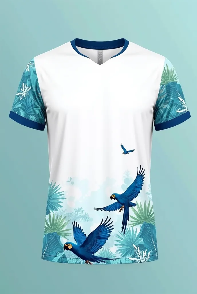 A modern and elegant sports t-shirt, with white background and details in blue and green. The main design features a stylized illustration of blue macaws in a semi-realistic design, positioned at the bottom of the front of the. Macaws are in flight, with o...