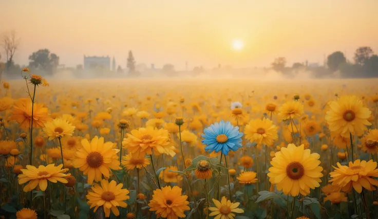 A sprawling field of golden yellow flowers under a pastel sunset sky, with a vivid blue flower in the middle glowing brightly, the petals of all flowers gently illuminated as if radiating inner light, slight mist above the field adding softness, cinematic ...