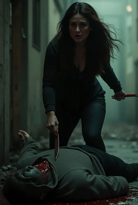 Realistic, A Very beautiful woman, woman very thick hair, boy hoodie, woman kill boy, woman very big breast, woman cuts boy neck, boy neck is flowing with blood, woman knife, boy dead, boy full face mask, woman swat, woman swat equipment
