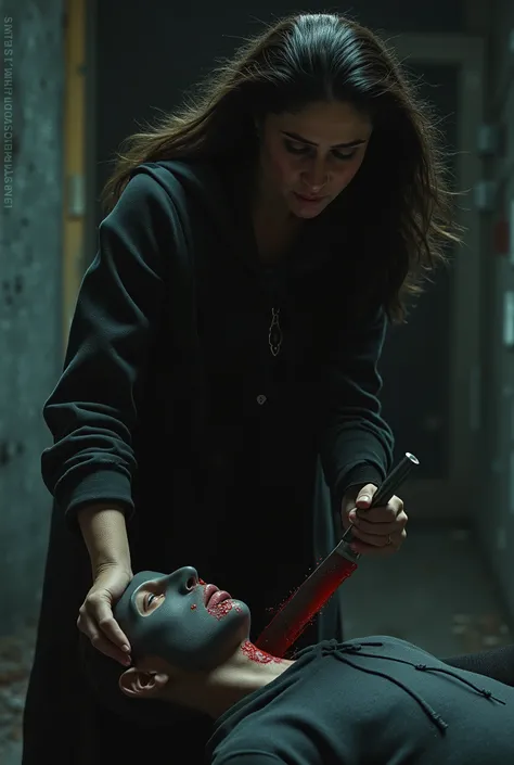 Realistic, A Very beautiful woman, woman very thick hair, boy hoodie, woman kill boy, woman very big breast, woman cuts boy neck, boy neck is flowing with blood, woman knife, boy dead, boy full face mask, woman swat, woman swat equipment
