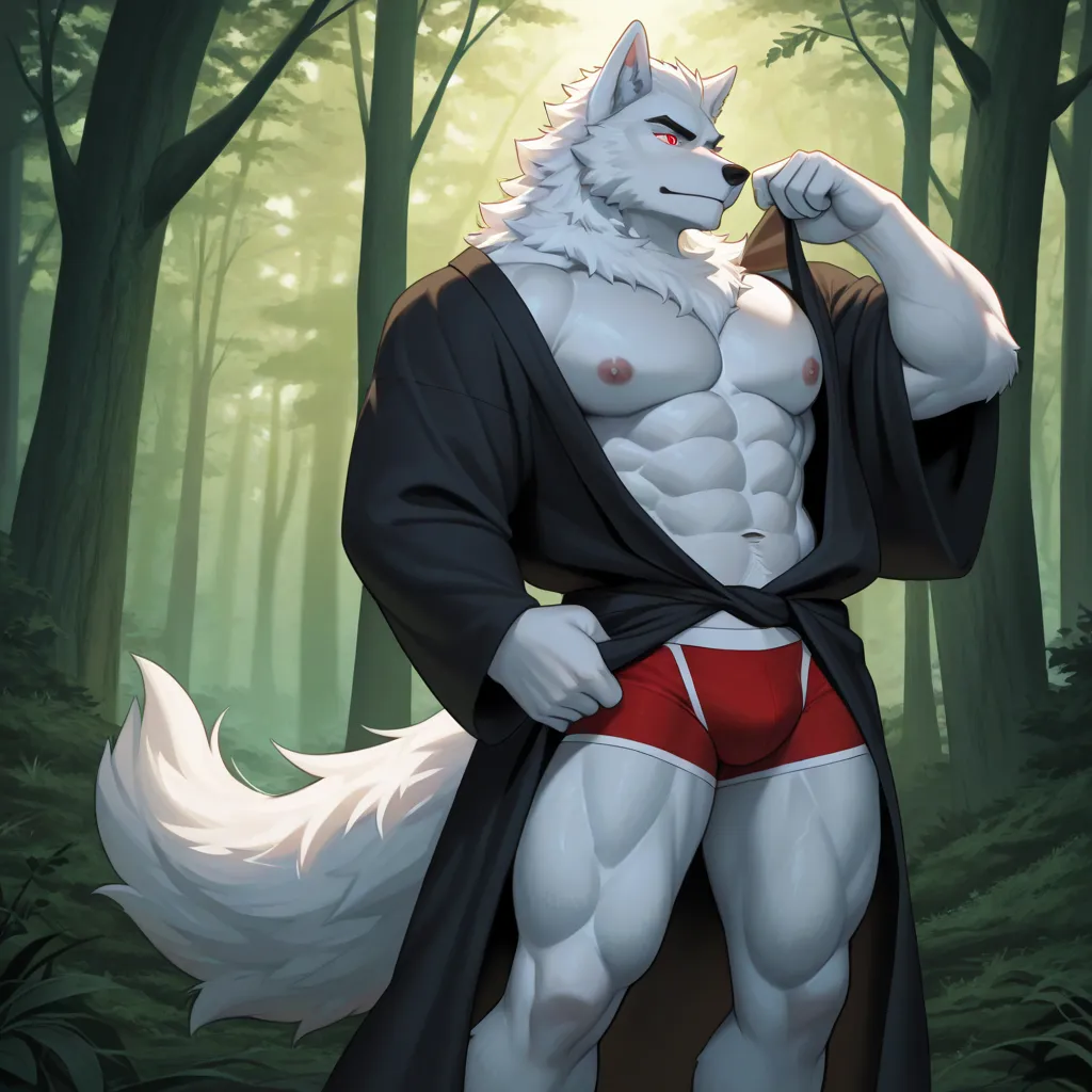  male white wolf , white and fuzzy hair and fur,scarlet eyes, muscular and robust body, wearing red boxer briefs and a black robe. sexy and beautiful,  In the forest,  