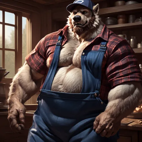 (wearing lumberjack shirt:1.6), (wearing overalls over lumberjack shirt:1.4), Jeans:1.2, house:1.2, (brown beard:1.6), mature male:1.7,(wearing sport cap:1.4)

Anthro, male,canine,wolf, werewolf, (white fur:1.6), (strong jaw:1.6), chubby:1.2, big body:1.4,...