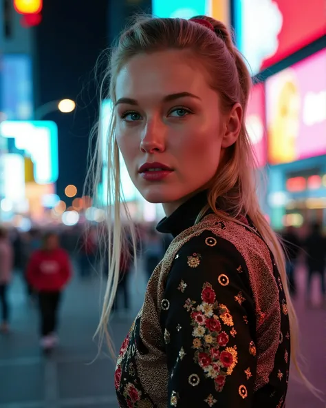 Light-haired blonde, light blue eye, no centro da time square, at night, Girl's clothes, outerwear , party clothes , shoe, luxurious, Louis Vuitton, Hermés Paris, Gucci, Chanel, Cartier,