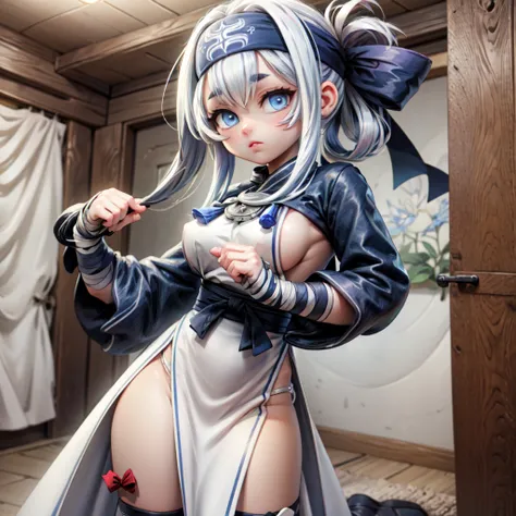 kamoiKC, 1girl, solo,white hair,blue eyes,  long hair, long sleeves, sidelocks,black thighhighs, white dress,headband, bandages, thick eyebrows, pelvic curtain, cropped jacket, folded ponytail, bandana, ainu clothes, wrist guards, sideboob