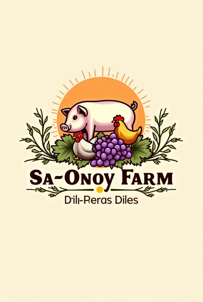 Vintage logo of Sa-onoy Farm with grapes, pig, and chicken 