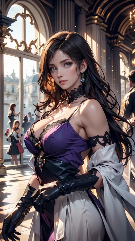 photorealistic, lip gloss, realistic, best quality, ultra high definition, Depth, pastel color, natural shade, face, Only the face, in a purple dress staring at the viewer, long hair, black hair, Brown detailed eyes, Off-the-Shoulder Black Dress, Mid-Chest...