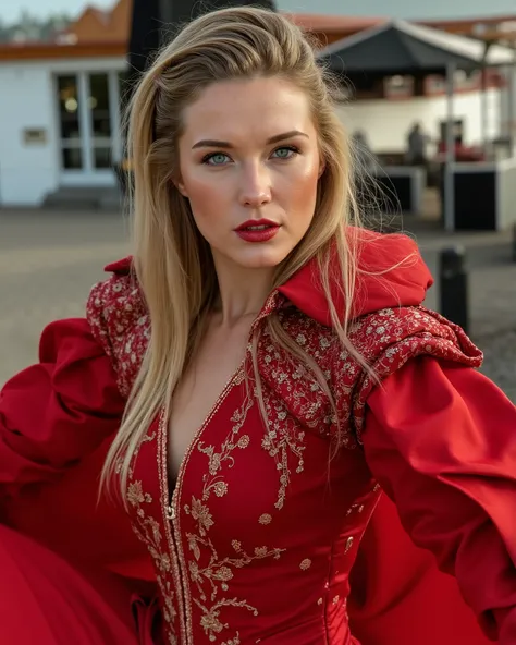 light blue blond eyes, Mature woman wearing scarlet sorceress costume style clothes, , Gothic red makeup , , luxurious colors, , luxury yacht,