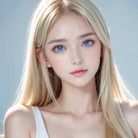  WHITE BACKGROUND ,upper body closeup、 shiny,  firm and shiny skin , bangs between eyes,  beautiful luster, natural platinum blonde hair ,  Super Long Hair 、Super long back hair that stretches all the way to the feet、 eyeliner,  very beautiful and pure  gi...