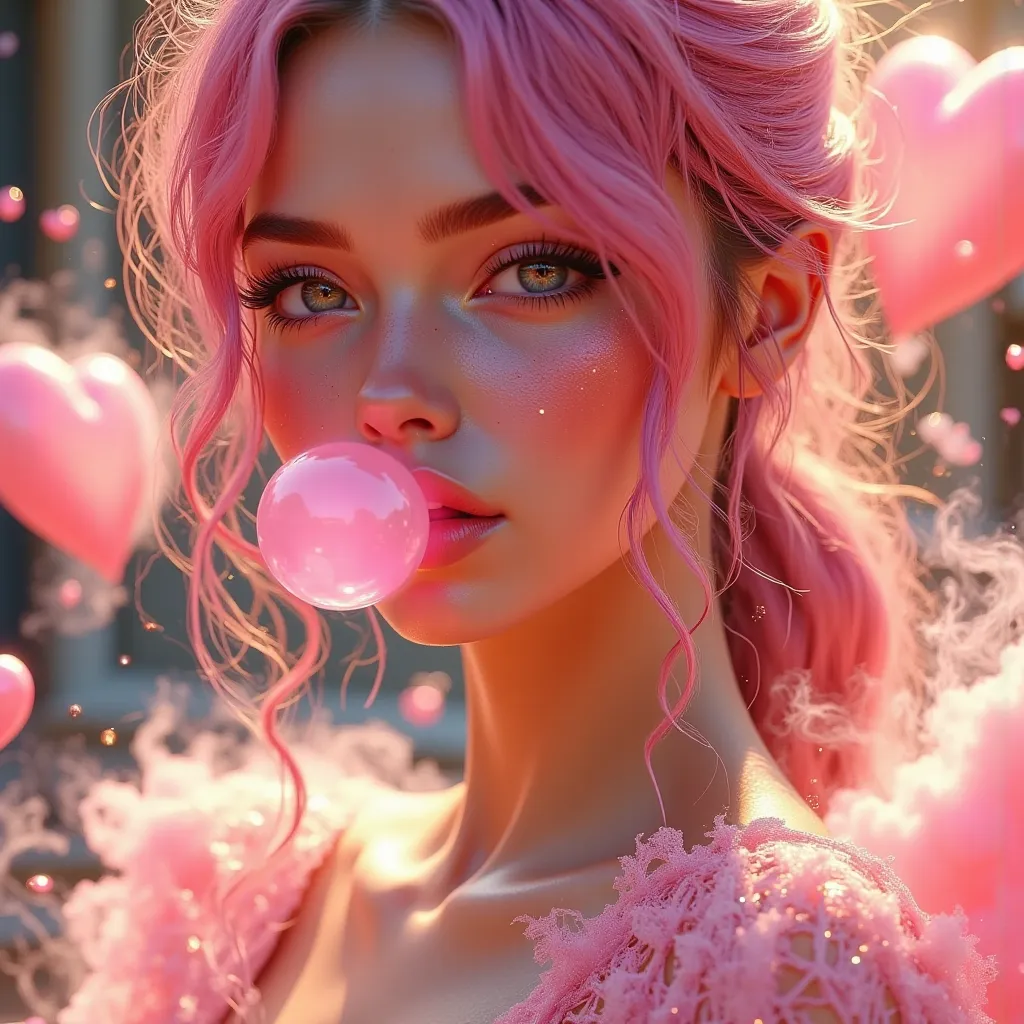 A dreamy and ethereal pop art 3D manga anime style image of a close-up young stunning K-pop woman with a exiting look in her eyes. She has vibrant pink hair with a ponytail and slightly messy hair. She is blowing a pink bubble with bubblegum. Smoke hearts ...