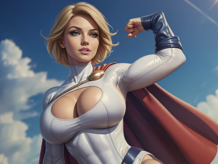 (better quality, 4k, masterpiece :1.3),POWERFUL GIRL, (huge breasts,  attractive body  :1.2),  abs :1.3, short blond hair: 1.2, ultra detailed face, detailed lips, detailed eyes,  double eyelid , wearing her iconic Powergirl leather suit and cape., full bo...