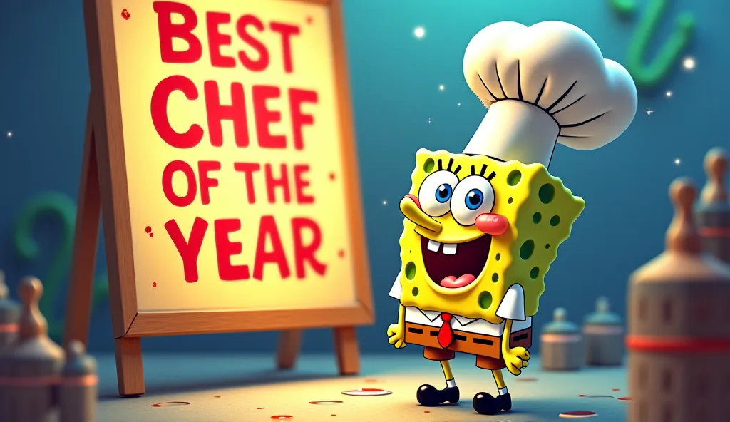 SpongeBob looks at a poster with a big smile while wearing a big chef's hat on his head: "Best Chef of the Year competition -- grand prize!