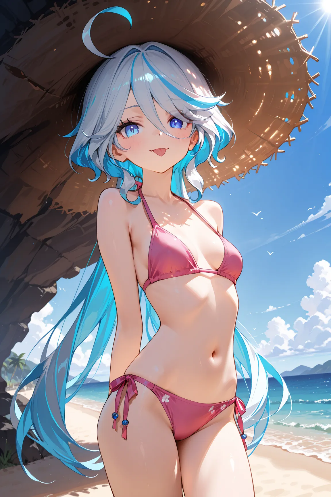 Best Quality, Masterpiece, ultra high resolution,
furina_\(genshin_impact\),tongue , tongue out , pink bikini, cleavage, bikini, background beach, small breasts,
Solo, female focus, 1girl, full-body  , (((Wide Shot:1.5)))
​​​​​​​​​​​​​​​​​​​​​​​​​​​​​​​​​​...