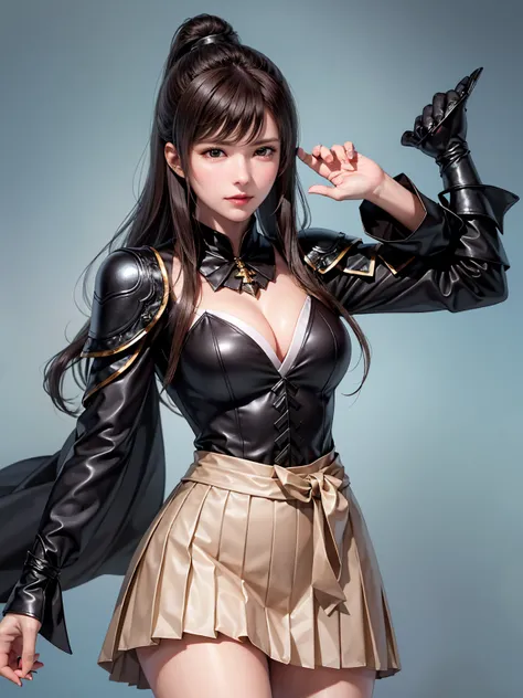 (Masterpiece :1.2, best quality ), beautiful illustrations , (natural side lighting, movie lighting),(((pleated skirt, a woman wearing black armor and a black cloak))), 1 person,long hair,asymmetrical bangs,Cleavage , Thin Waist High Definition Face and Sk...