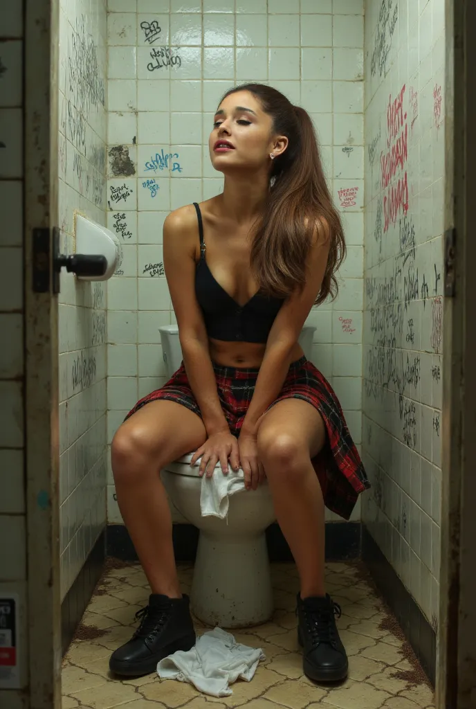 Ariana Grande sitting on a toilet in public bathroom stall. Brunette hair tight in a ponytail, She is very a flannel skirt that is lifted up above her abdomen. She is also wearing a black crop top, with a slight cleavage. She is defecating, with her underw...