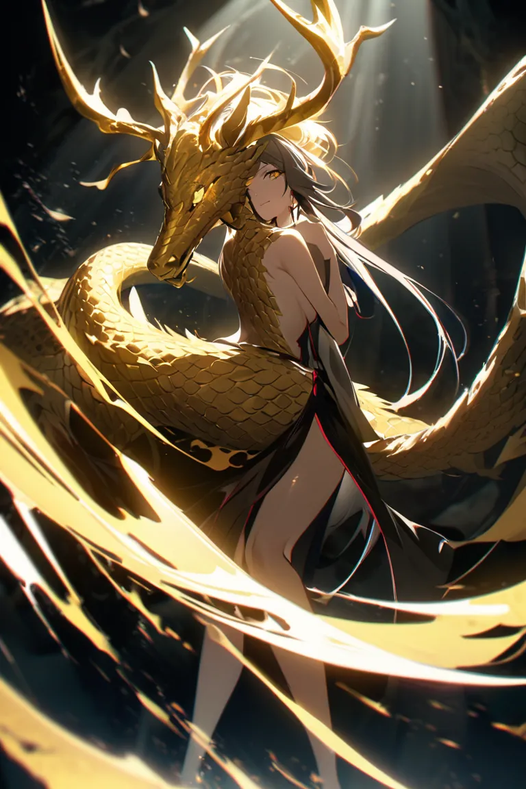 걸작, top quality, high quality, is very aesthetic, very high resolution, recent, cinematic lighting, contrast , Ishida Sui painting style, Ishida Sui's gorgeous last, A yellow dragon with a beautiful golden mane, Golden dragon, A beautiful mythical dragon, ...